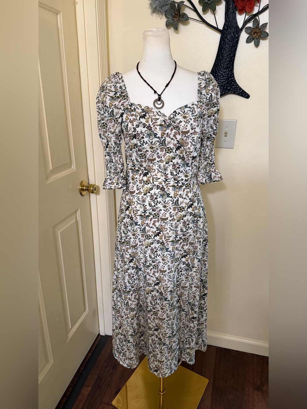 Floral Puff-Sleeve Midi Dress in Cream and Green by Audrey Parks